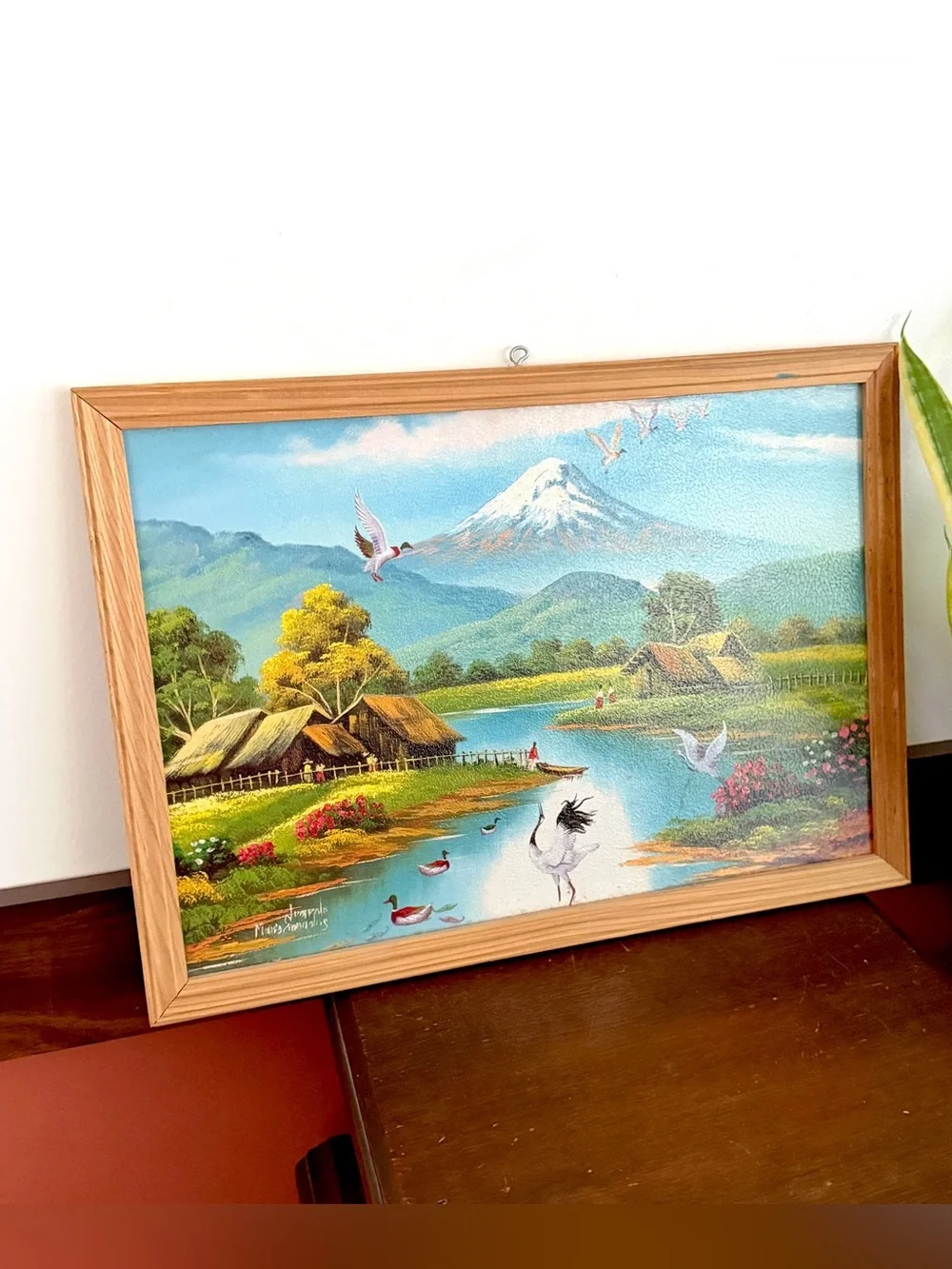 Tropical Crane Mountains River Scene Picture Print Ducks Huts Wall Hanging Art